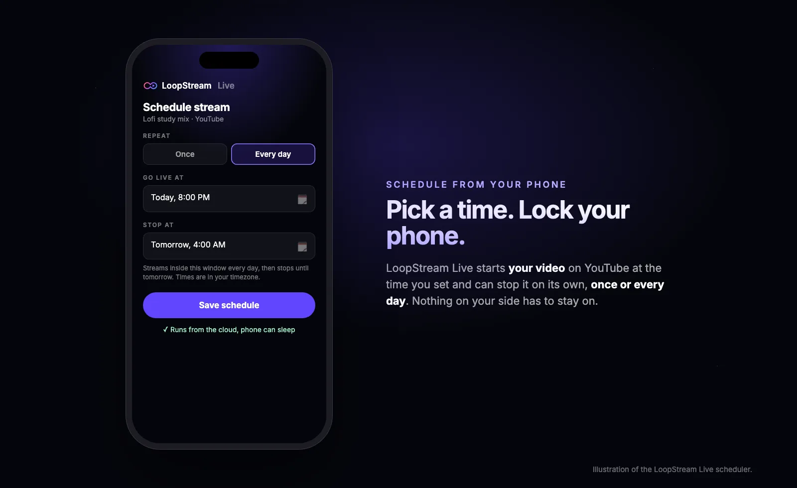 Illustration of the LoopStream Live scheduler on a phone with Repeat set to Every day, a go-live time of 8:00 PM and a stop time of 4:00 AM